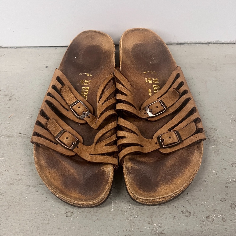 Birkenstock Granada Sandals Unisex M6/W8 Brown Leather Open Toe Slip On Slide - Picture 3 of 8